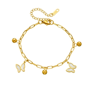 Elegant gold stainless steel bracelet with butterfly charms and small metal beads for women