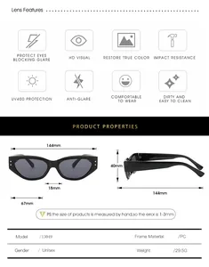 Detailed size specifications and technical parameters for vintage cat eye sunglasses