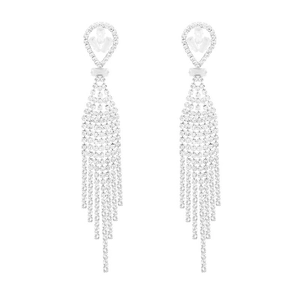Elegant silver long tassel earrings with sparkling crystals and drop shape design