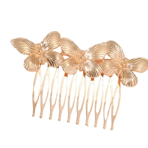 Golden baroque butterfly hair comb featuring three intricate metallic butterfly ornaments