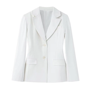 Slim fit white women's blazer with shoulder pads and notched lapel front view