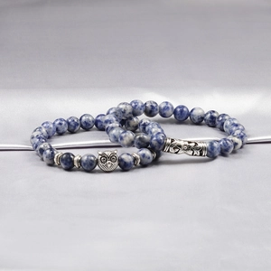 Blue beaded stone bracelet set with vintage owl charm and silver alloy accents