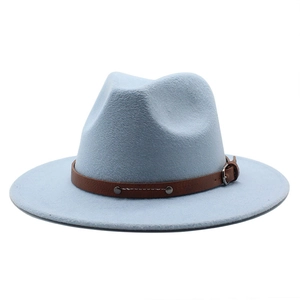Detail of light blue fedora hat with brown leather band and silver buckle
