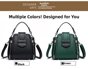 Front view of black and green leather handbags with detachable shoulder straps