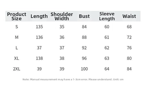 Detailed size chart for retro V-neck long dress showing S to 2XL dimensions in cm