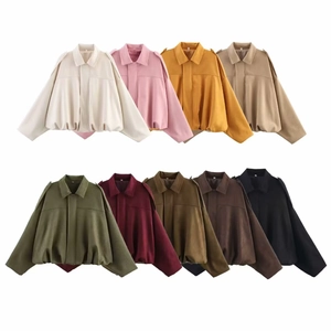 Veste Bomber en Suédine pour Femmes Col Revers Coupe Large Veste de Vol Vintage Couleur Unie Manches Longues Décontractée Printemps Top