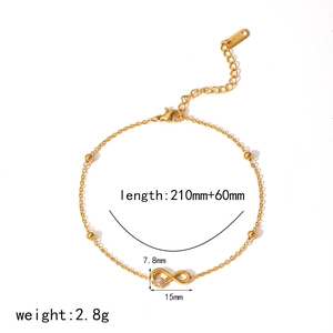 Gold stainless steel infinity charm bracelet with adjustable chain length measurements