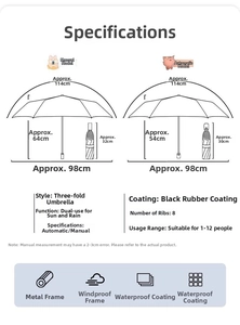 Detailed size chart showing dimensions for manual and automatic folding umbrellas