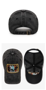 Detail of washed cotton baseball cap with squad embroidery and antique metal buckle