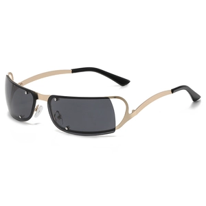 Steampunk oval sunglasses with champagne gold hollow metal frame and dark grey lenses