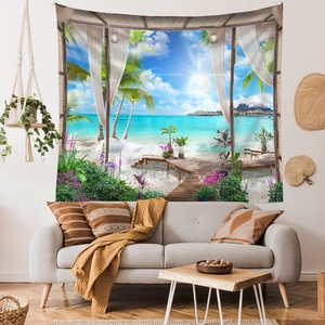 Detail of a tropical beach tapestry featuring palm trees and turquoise ocean on a wall