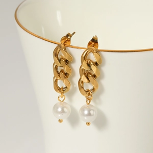 Cuban Link Chain Drop Earrings 18K Gold Plated Stainless Steel With Round White Faux Artificial Pearl Elegant Jewelry Women