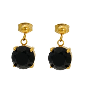 Close-up of golden stainless steel stud earrings with round black zircon in claw setting