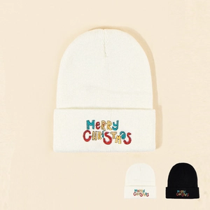 Knitted Beanie Hat Acrylic Warm Winter Cap Colorful Merry Christmas Embroidery Folded Brim Outdoor Simple Casual