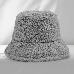 Minimalist grey faux lamb wool bucket hat with warm fleece texture for autumn winter