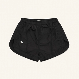 SMFK black nylon jogging shorts featuring iconic cross logo on a minimalist background