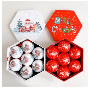 Detailed top view of 7-piece Christmas ball sets with reindeer and snow cabin illustrations