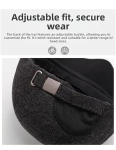 Detail of adjustable metal buckle on back of warm winter baseball hat for men