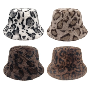 Leopard Print Faux Fur Bucket Hat For Women Winter Warm Plush Basin Cap Animal Pattern Fashion Accessories