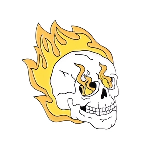Detail of white skull and yellow flame enamel badge pin for bags and hats