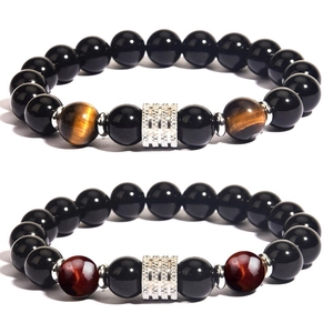 Men's beaded bracelet with black obsidian and tiger eye stones and silver metal charms