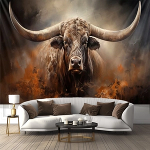 Artistic longhorn cattle head portrait tapestry for modern living room wall decor