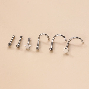 Set of 6 silver stainless steel nose studs featuring cone ball and star shapes