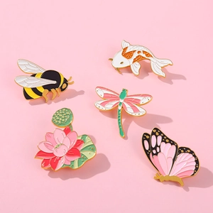 Five-piece Chinese style enamel pins set with butterfly dragonfly and lotus shapes