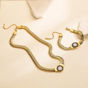 18K gold plated stainless steel chunky chain necklace and bracelet set with zircon pendant