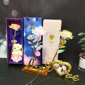 Detail view of 24K gold foil rose gift set with teddy bear and Love themed frame stand