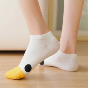 Breathable cotton ankle socks with cute cartoon duck face design on white and yellow fabric