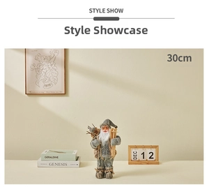 Père Noël nordique en pull gris avec skis et bois, vue détaillée de 30 cm de haut