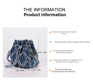 Detail view of denim bucket bag with frayed tassel texture and drawstring closure