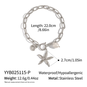 Détails du bracelet en acier inoxydable avec étoile de mer, coquillage et dimensions