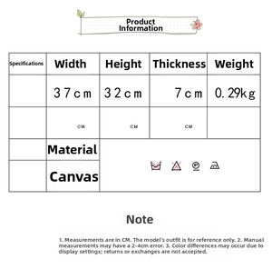 Detailed size chart for large canvas tote bag with washing instructions and dimensions
