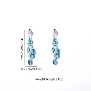 Detailed dimensions of silver tassel earrings with blue teardrop crystal and measurements