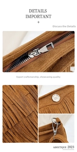 Detail of brown suede tassel shoulder bag with silver zipper and metallic logo snap button
