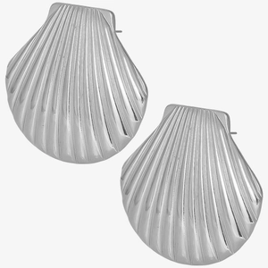 Macro view of silver 304 stainless steel shell stud earring with natural detailed texture