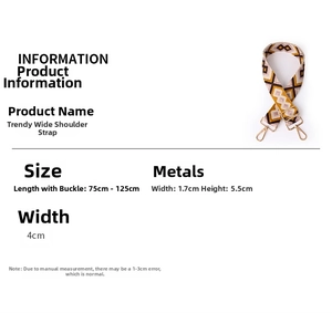 Detailed view of adjustable ethnic pattern bag strap with gold buckles and size specs
