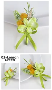 Detailed close-up of lemon green handmade boutonniere with lily and yellow pompom floral
