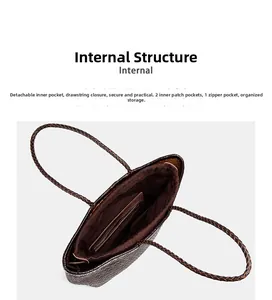 Detail of woven leather tote bag with a drawstring canvas liner and internal pockets