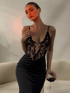 Sexy Maxi-Kleid Mit Spitzen-Patchwork Für Damen Spaghetti-Träger V-Ausschnitt Rückenfrei Slim Fit Party Abendkleid Metallring