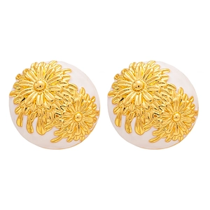 Vintage floral stud earrings with golden daisy relief on white round base for women