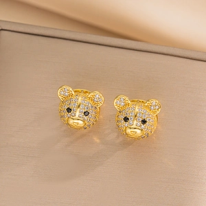 Golden bear stud earrings with pave-set clear and black cubic zirconia stones