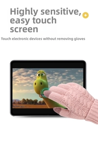 Pink knitted winter gloves featuring touchscreen fingertips for operating tablets