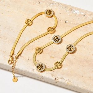 Tree Of Life Necklace And Bracelet Stainless Steel Rhinestone Round Pendant Flat Snake Chain Jewelry For Women