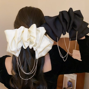 Large Bow Hair Clip Satin Velvet Fabric Faux Artificial Pearl Tassel Chain Elegant Spring Hairpin Fairy Style For Women Accessory