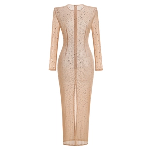 Back view of mesh long sleeve evening dress with rhinestones and rear zipper