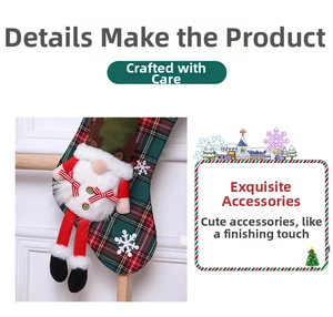Detail of knitted Christmas stocking with 3D gnome doll and red green plaid pattern