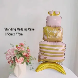 Standing wedding cake aluminum foil balloon with floral prints and Wedding Wishes text